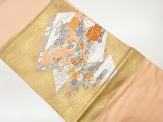 リサイクル　色紙に雉・秋草模様織出し名古屋帯